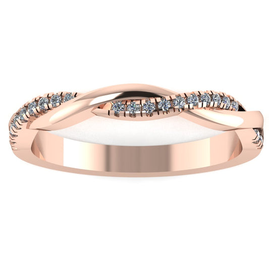 Front view of a rose gold double jointed twisted wedding band with set lab grown diamonds