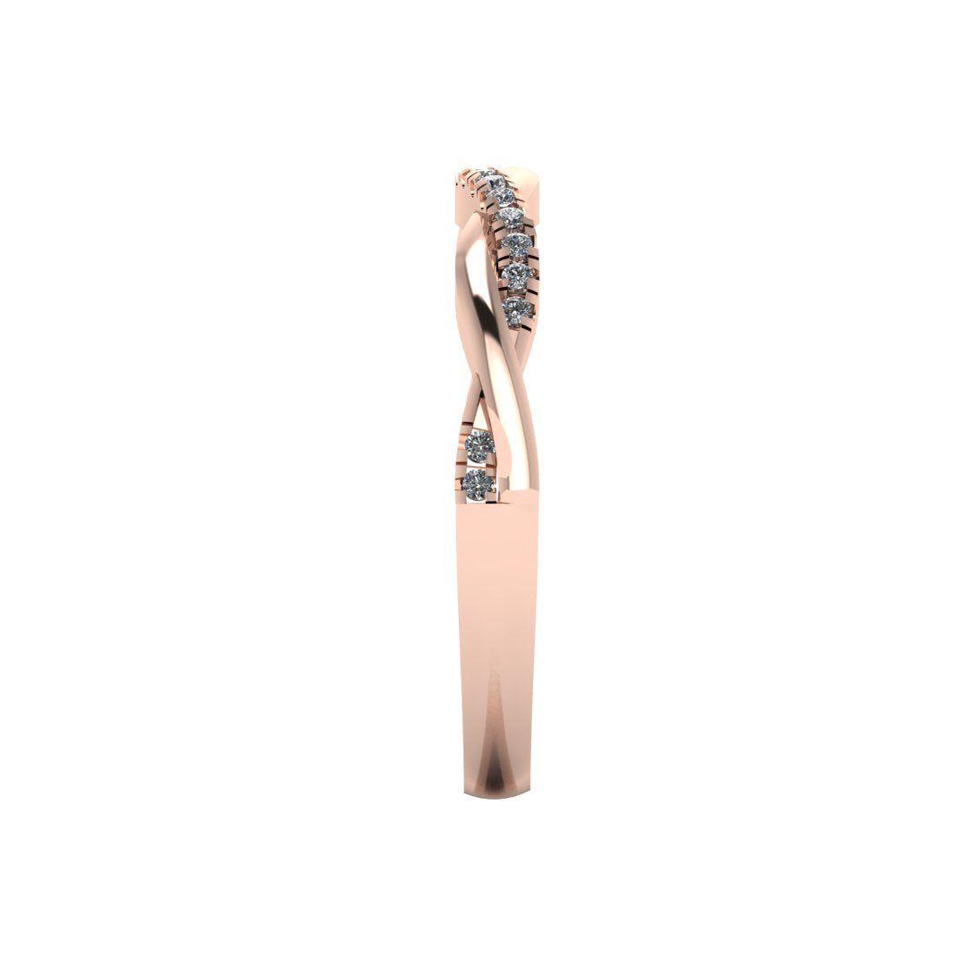 Side view of a rose gold double jointed twisted wedding band with set lab grown diamonds