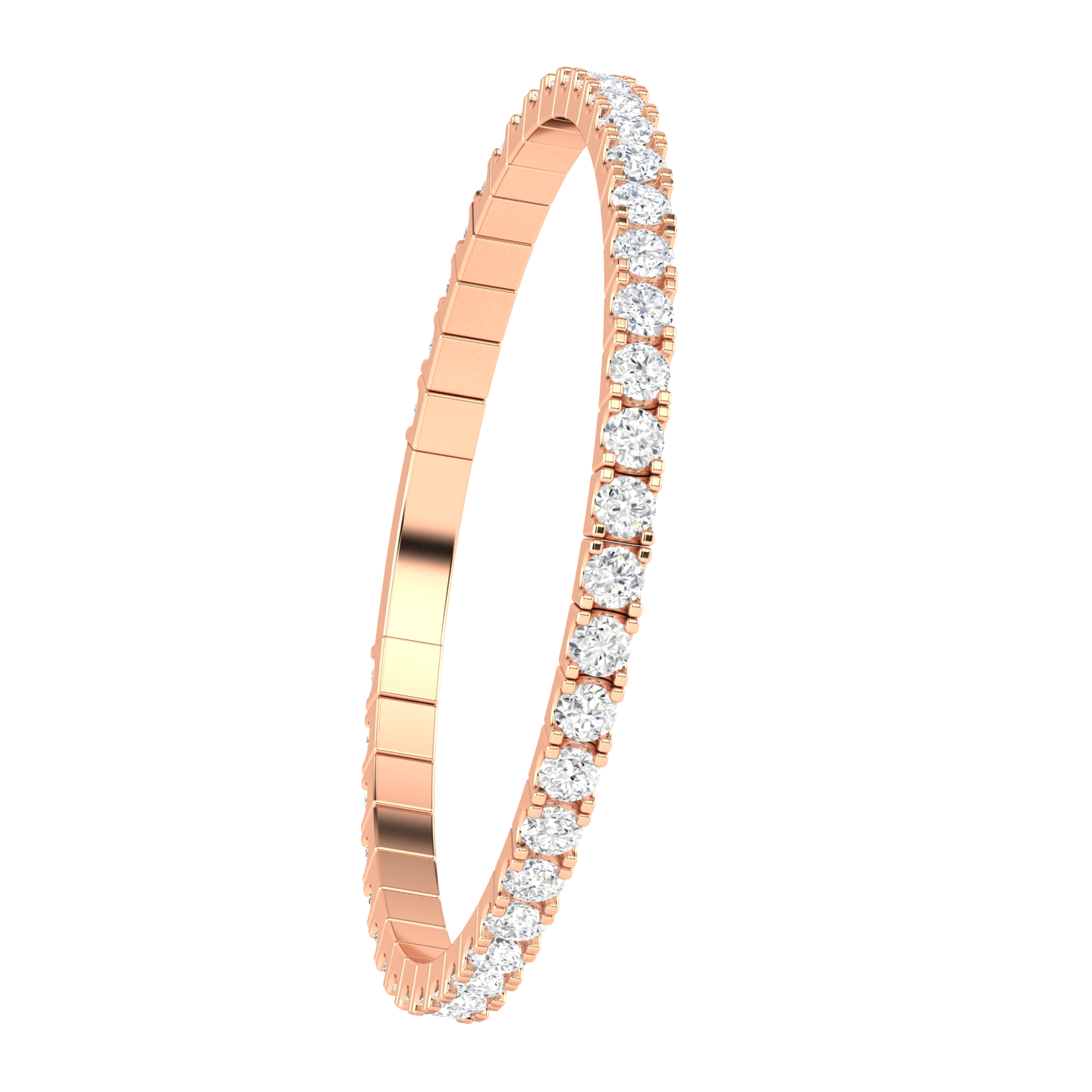 angled view of a rose gold flexible bangle which stretches over your wrist for ease dressing