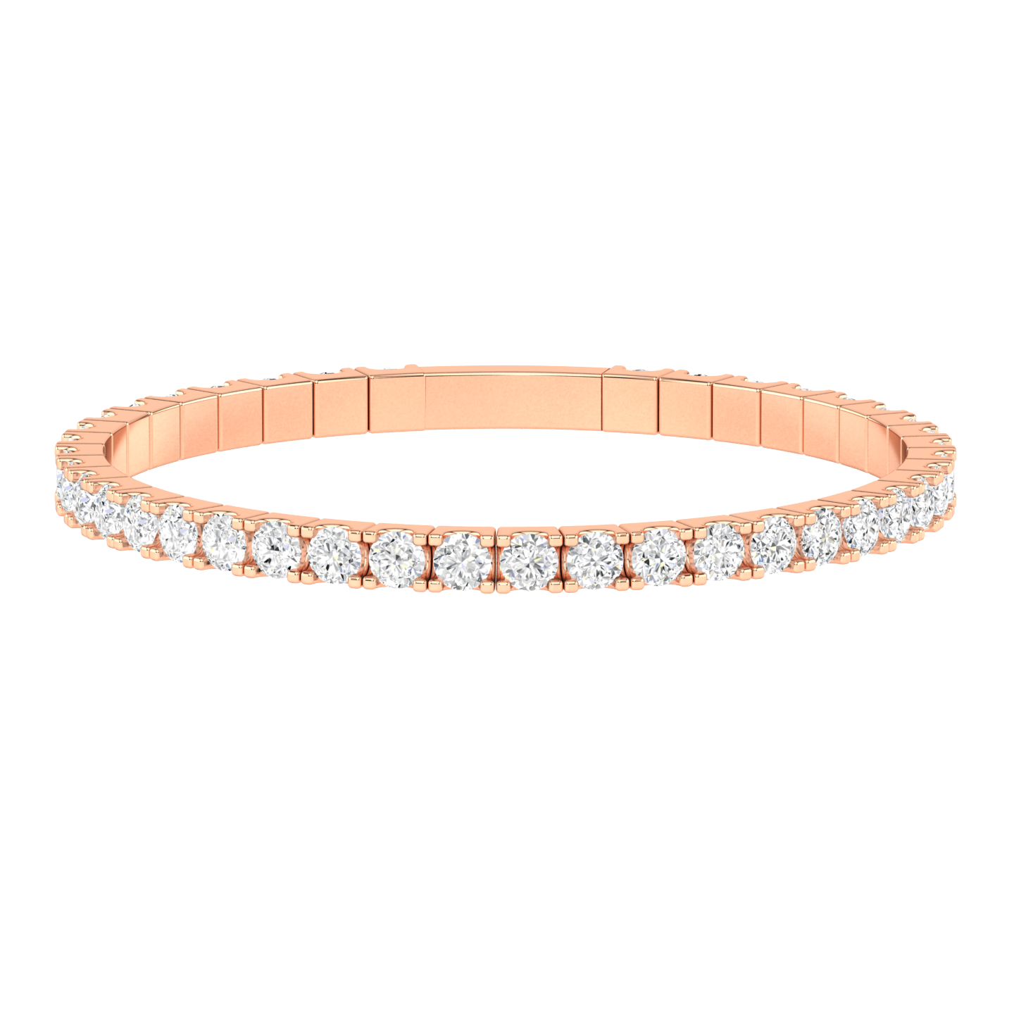 Front view of a rose gold flexible bangle which stretches over your wrist for ease dressing