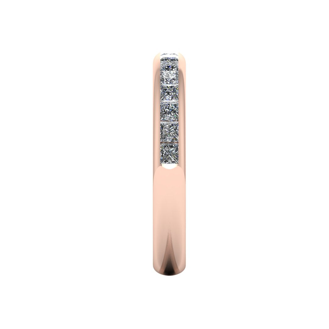 side view of a rose gold lab grown diamond channel set wedding band with princess cut lab grown diamonds