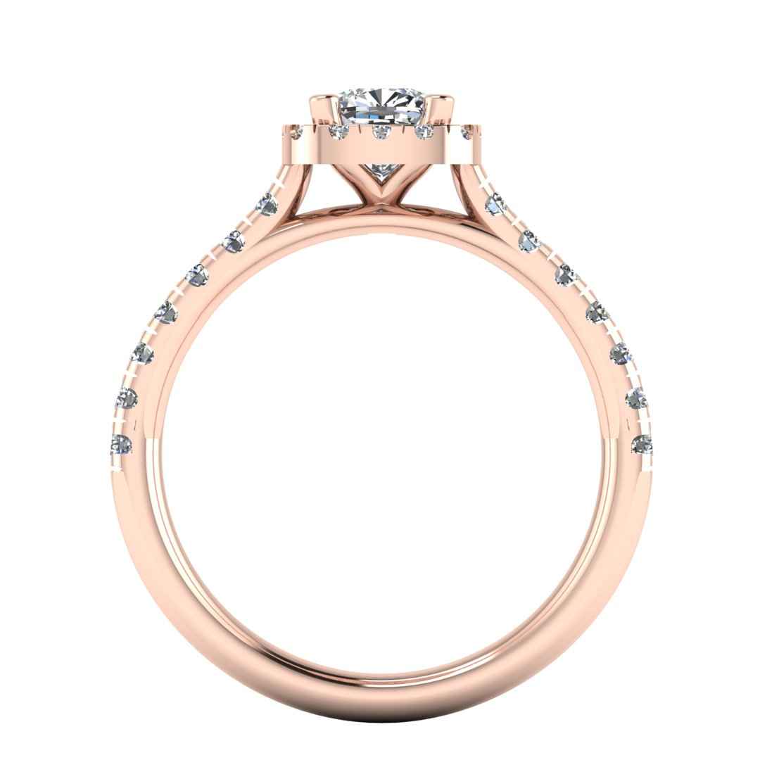 flat view of a rose gold engagement ring which features a cushion cut lab-grown diamond with a halo and pavé-set shoulders