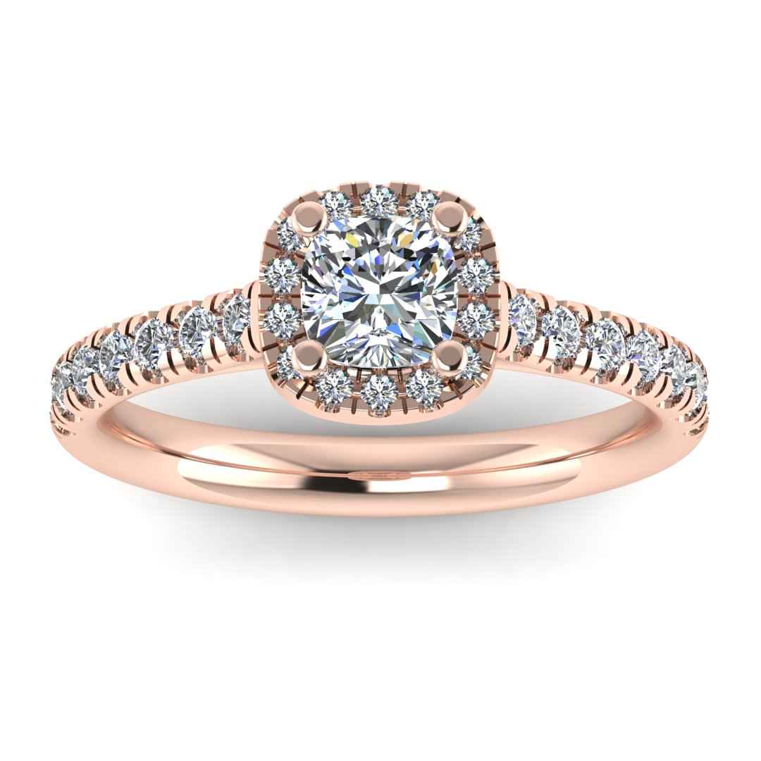 front view of a rose gold engagement ring which features a cushion cut lab-grown diamond with a halo and pavé-set shoulders