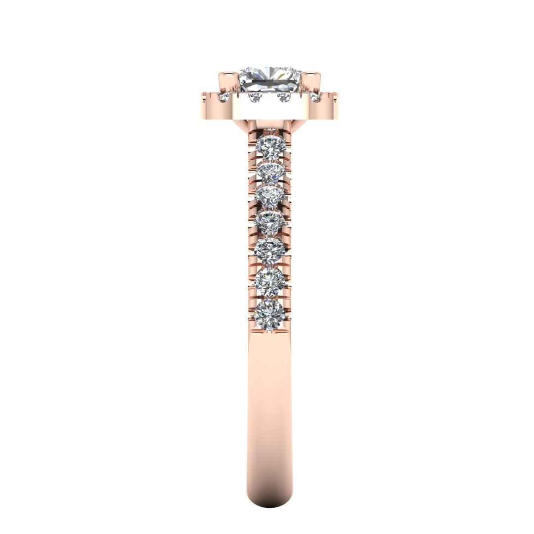 side view of a rose gold engagement ring which features a cushion cut lab-grown diamond with a halo and pavé-set shoulders