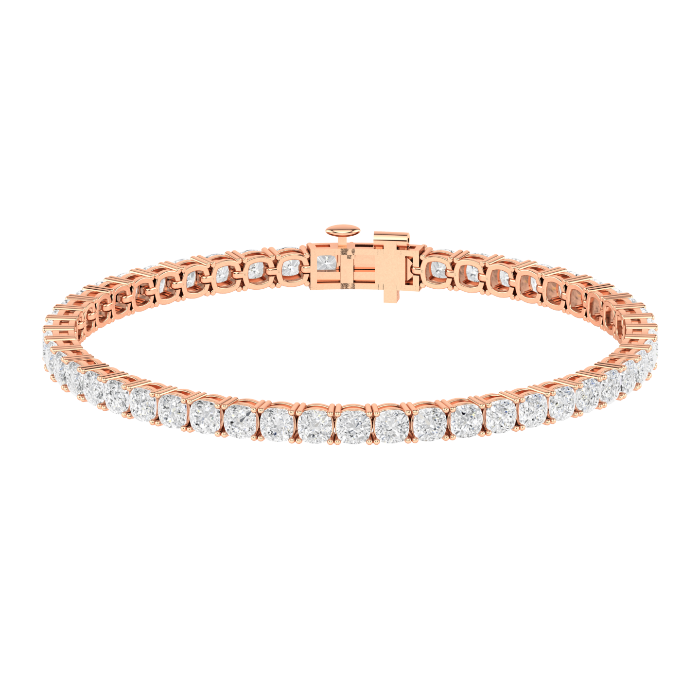 rose gold tennis line bracelet with cushion cut shaped ethical & sustainable lab grown diamonds set using prongs