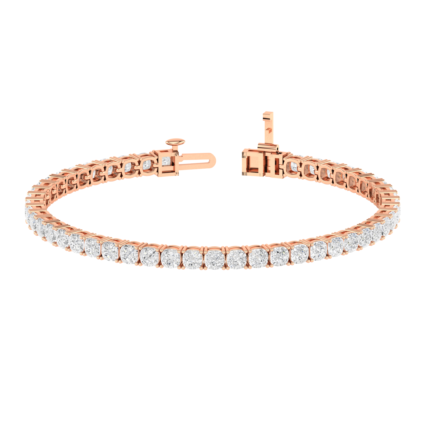 rose gold tennis line bracelet with cushion cut shaped ethical & sustainable lab grown diamonds set using prongs