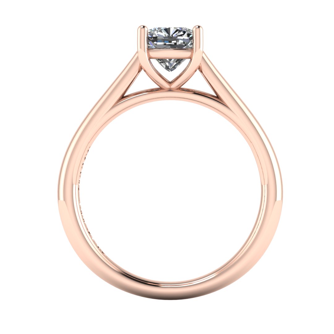 flat view of a rose gold single solitaire engagement ring featuring a cushion cut lab grown diamond in a cathedral setting with 4 claws
