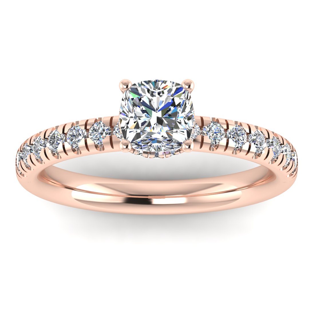 front view of a rose gold cushion cut lab grown diamond engagement ring with pavé shoulders and a hidden halo