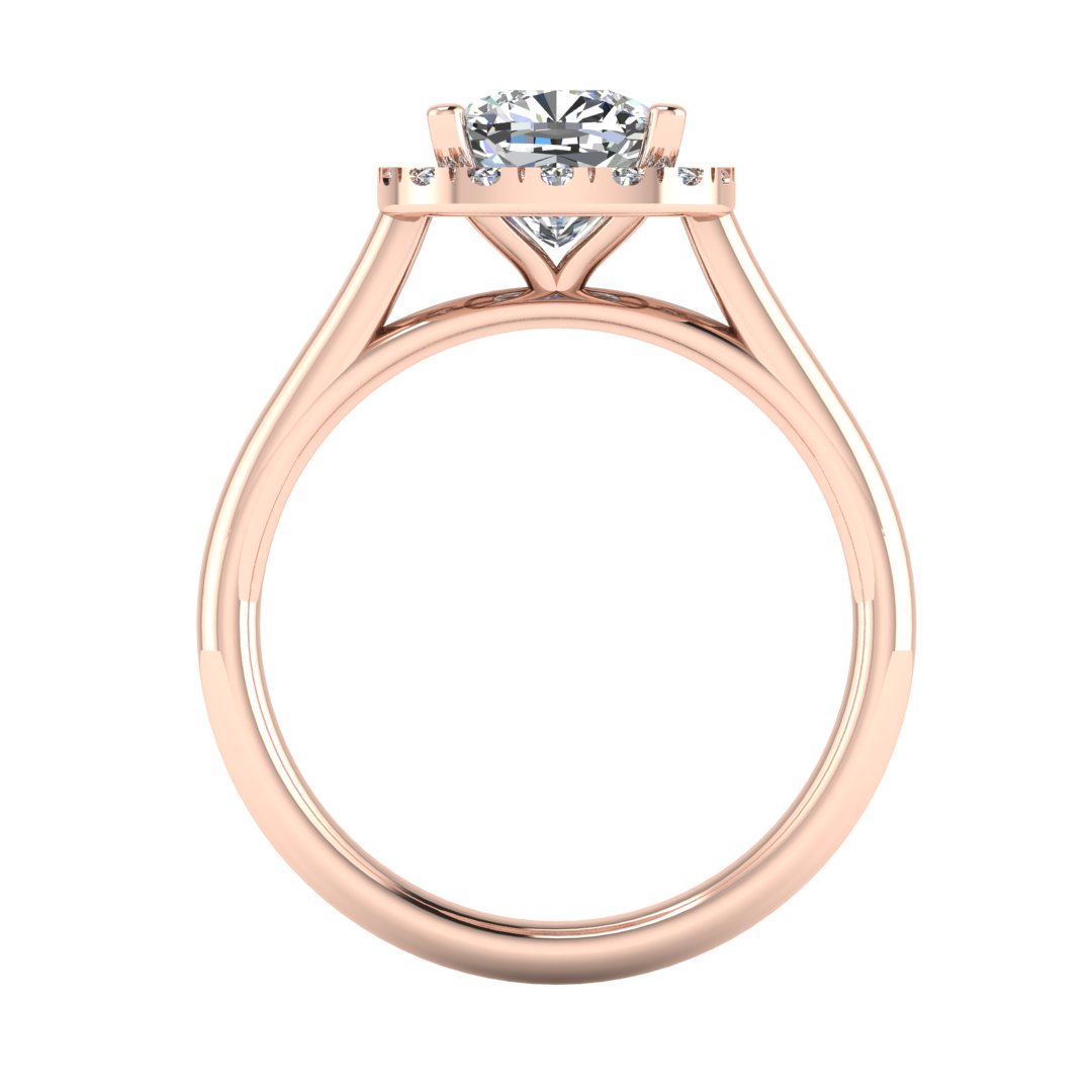 flat view of a rose gold cushion cut lab grown diamond engagement ring framed by a sparkling halo