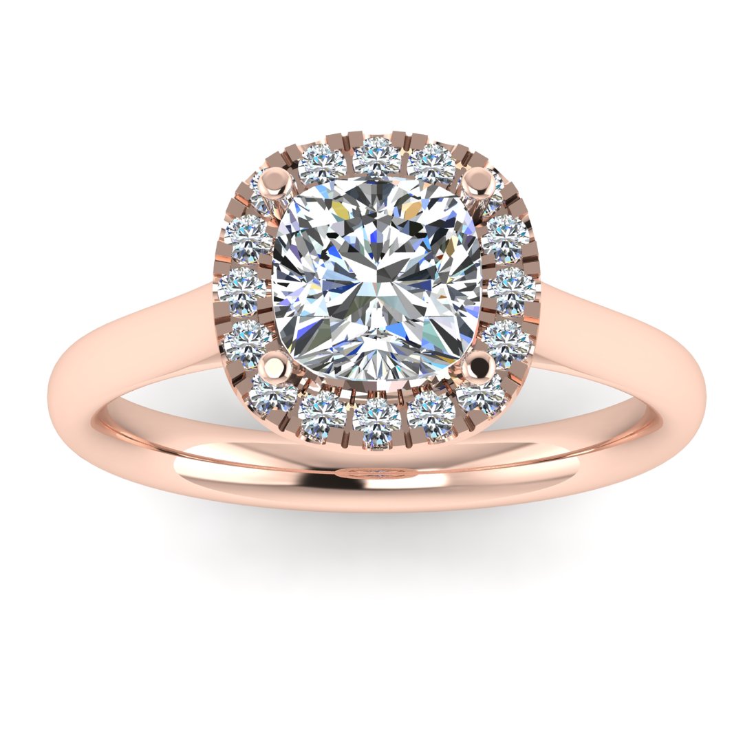 front view of a rose gold cushion cut lab grown diamond engagement ring framed by a sparkling halo