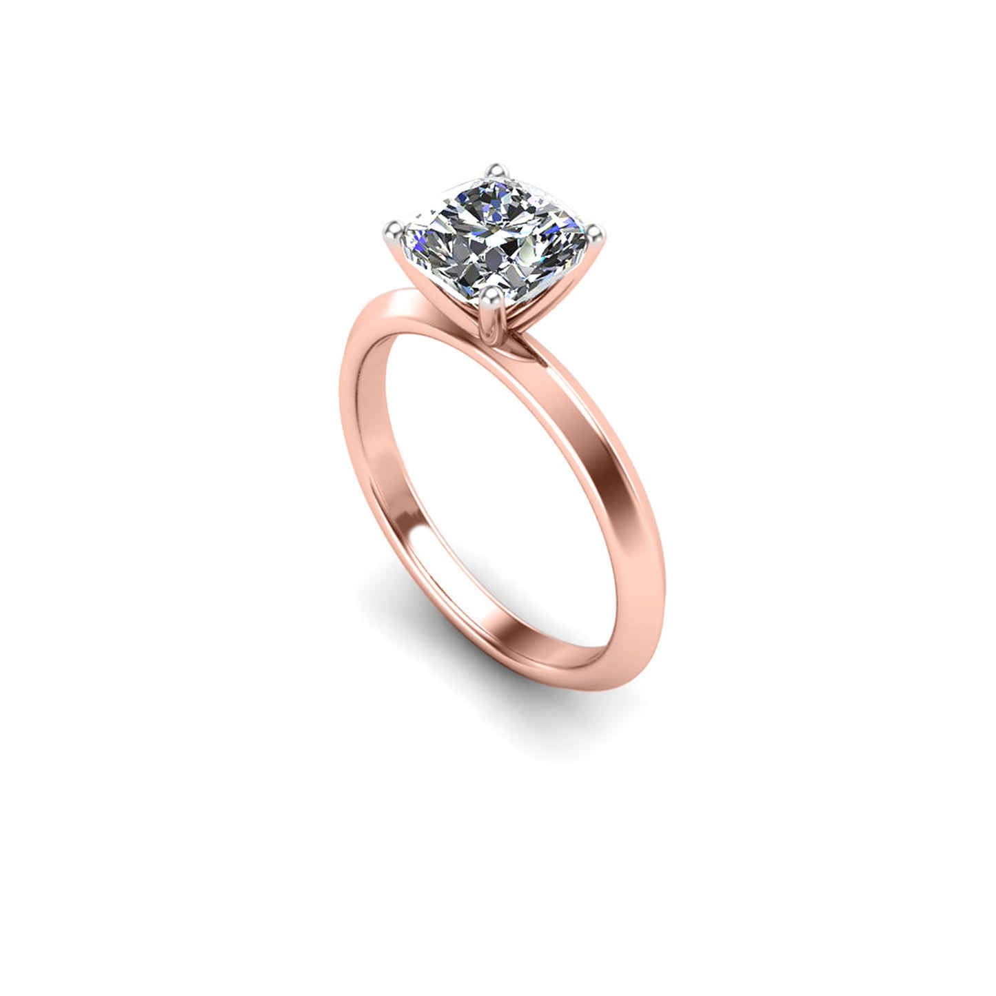 angled view of rose gold engagement ring featuring a cushion cut lab grown diamond in a floating setting with 4 claws