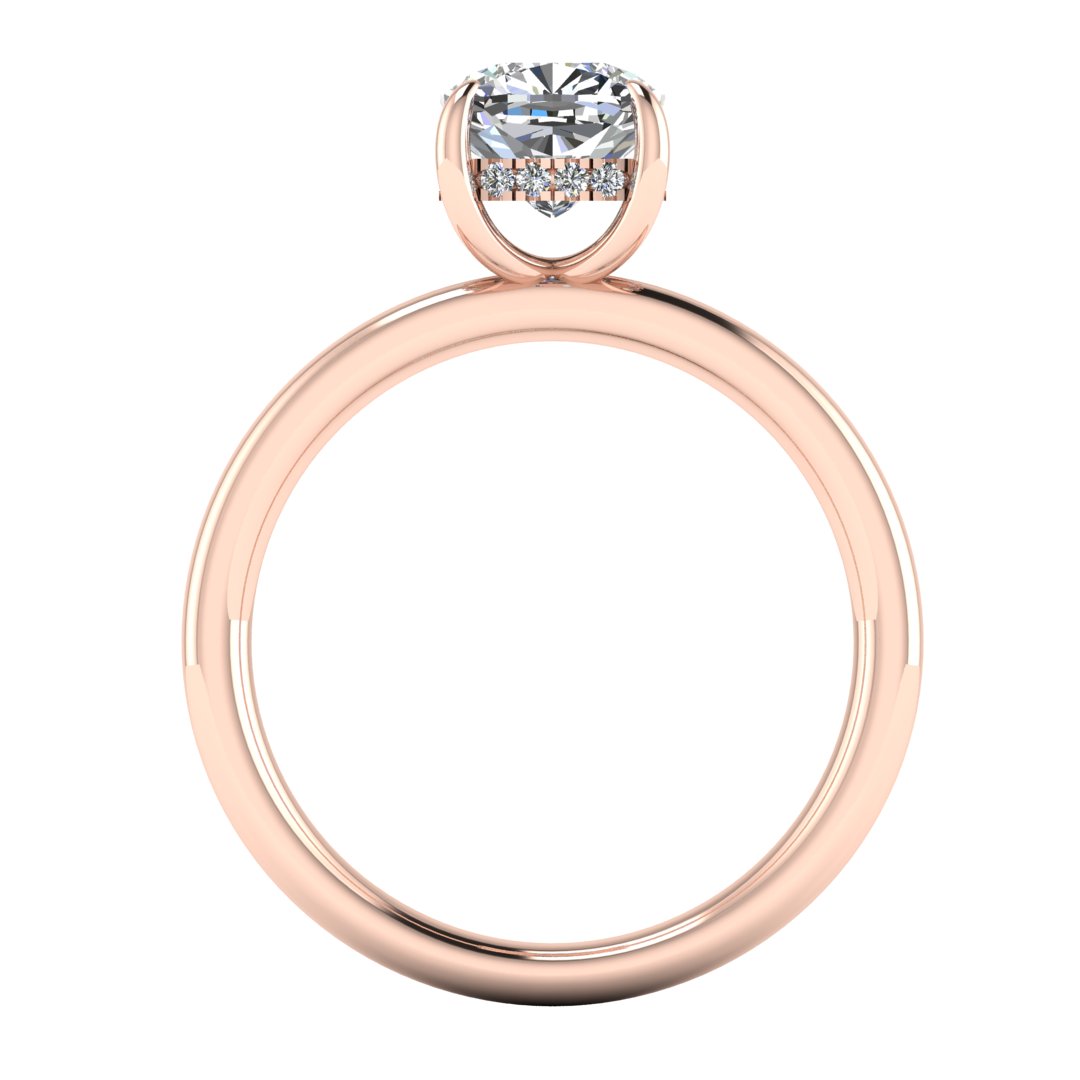 flat view of a rose gold engagement ring featuring a cushion cut lab grown diamond with a hidden halo in a solitaire design