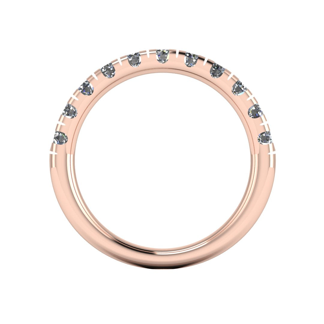 flat view of a rose gold wedding band eternity ring with half micro-set round lab grown diamonds which fit most engagement rings