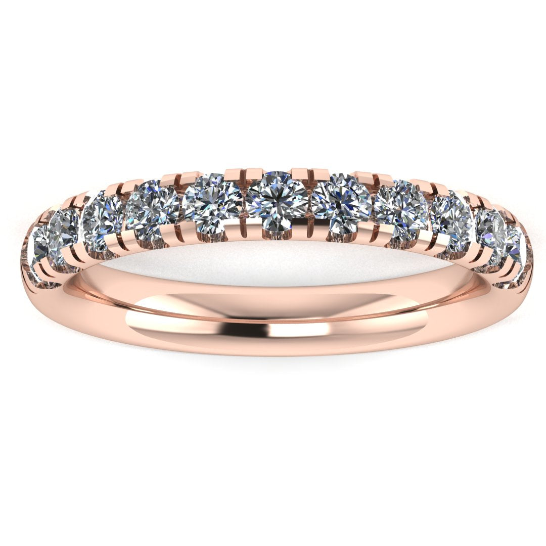 front view of a rose gold wedding band eternity ring with half micro-set round lab grown diamonds which fit most engagement rings