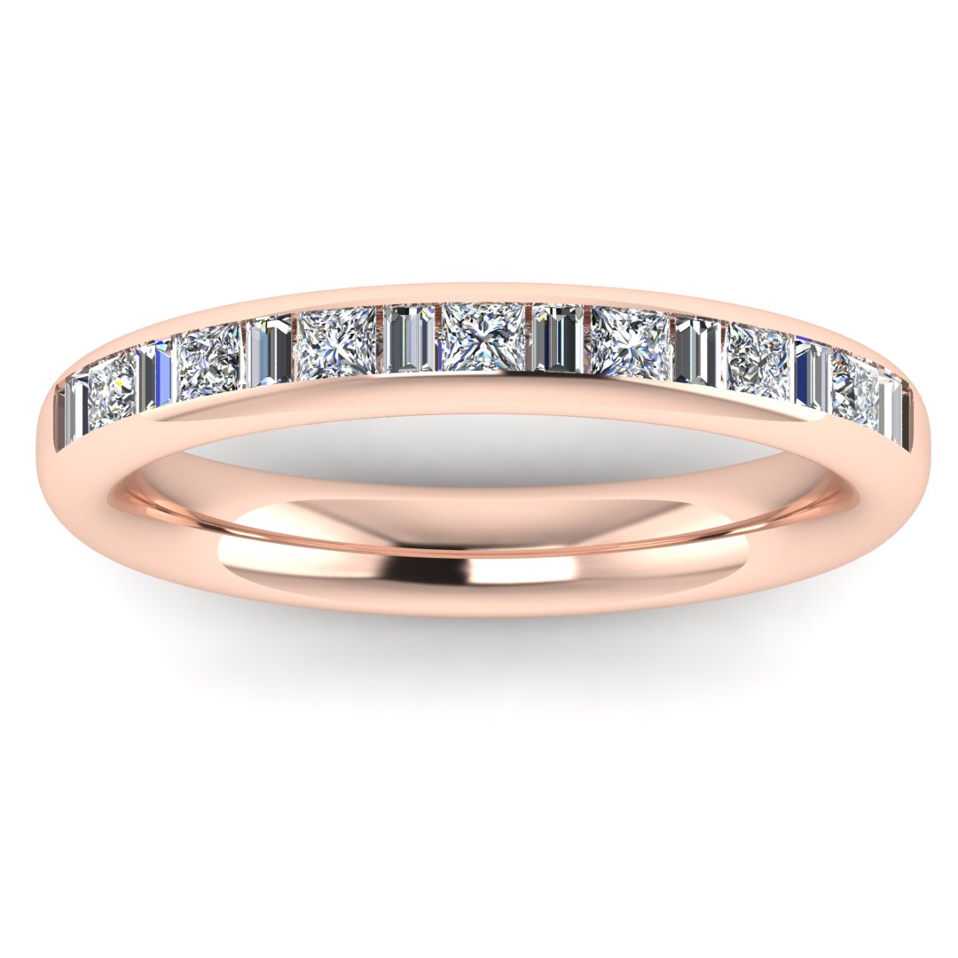 front view of a rose gold wedding band with princess and baguette lab-grown diamond in a channel set design