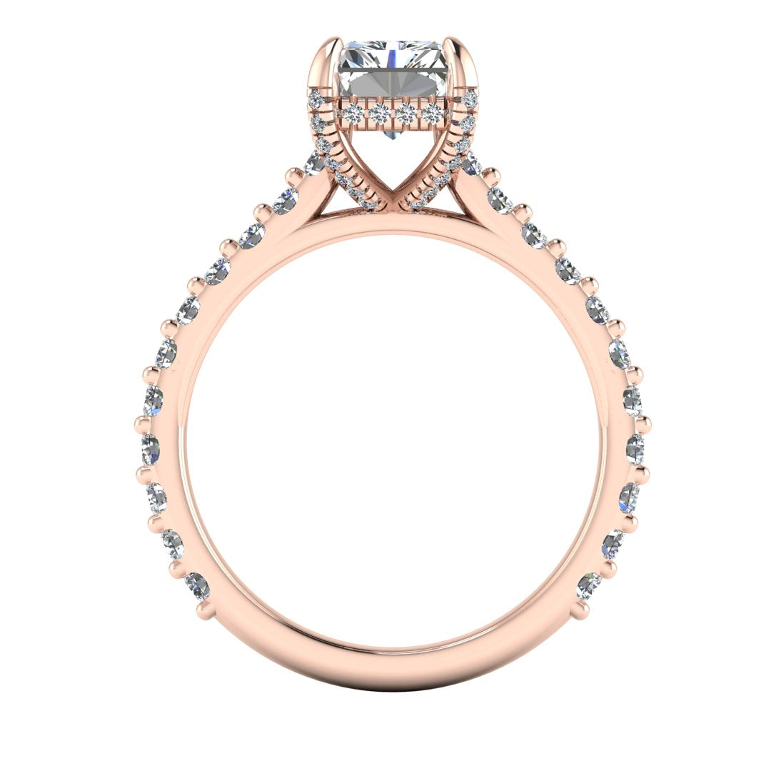 flat view of Ellie rose gold engagement ring which has a central emerald cut lab grown diamond, elegant under-halo, pavé-set shoulders, and delicate diamonds on the prongs for extra sparkle