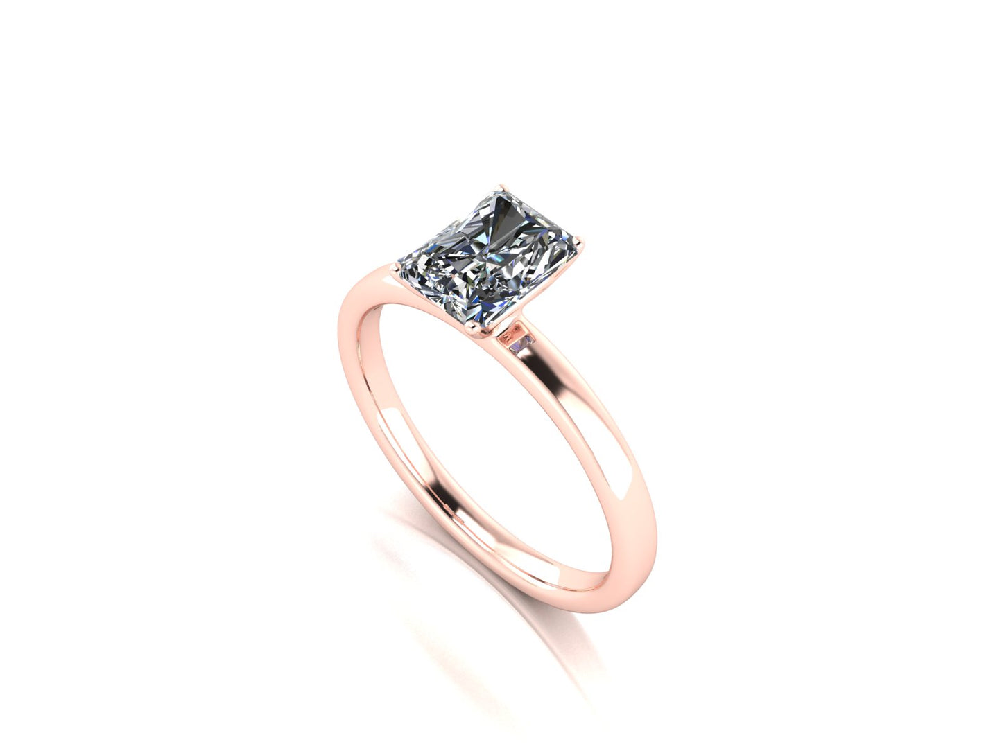 angled view of rose gold engagement ring with an emerald cut lab grown diamond as the centre stone in a floating setting