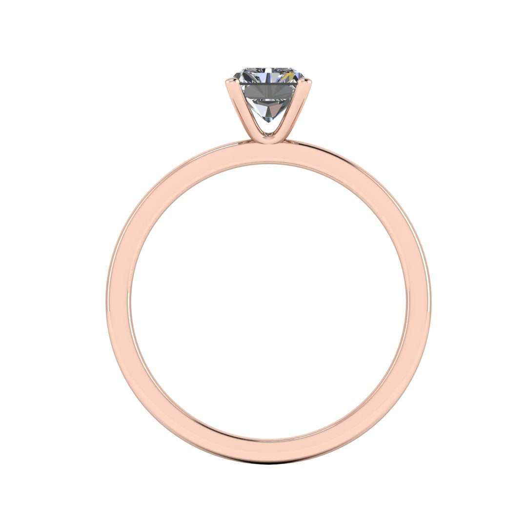 flat view of rose gold engagement ring with an emerald cut lab grown diamond as the centre stone in a floating setting