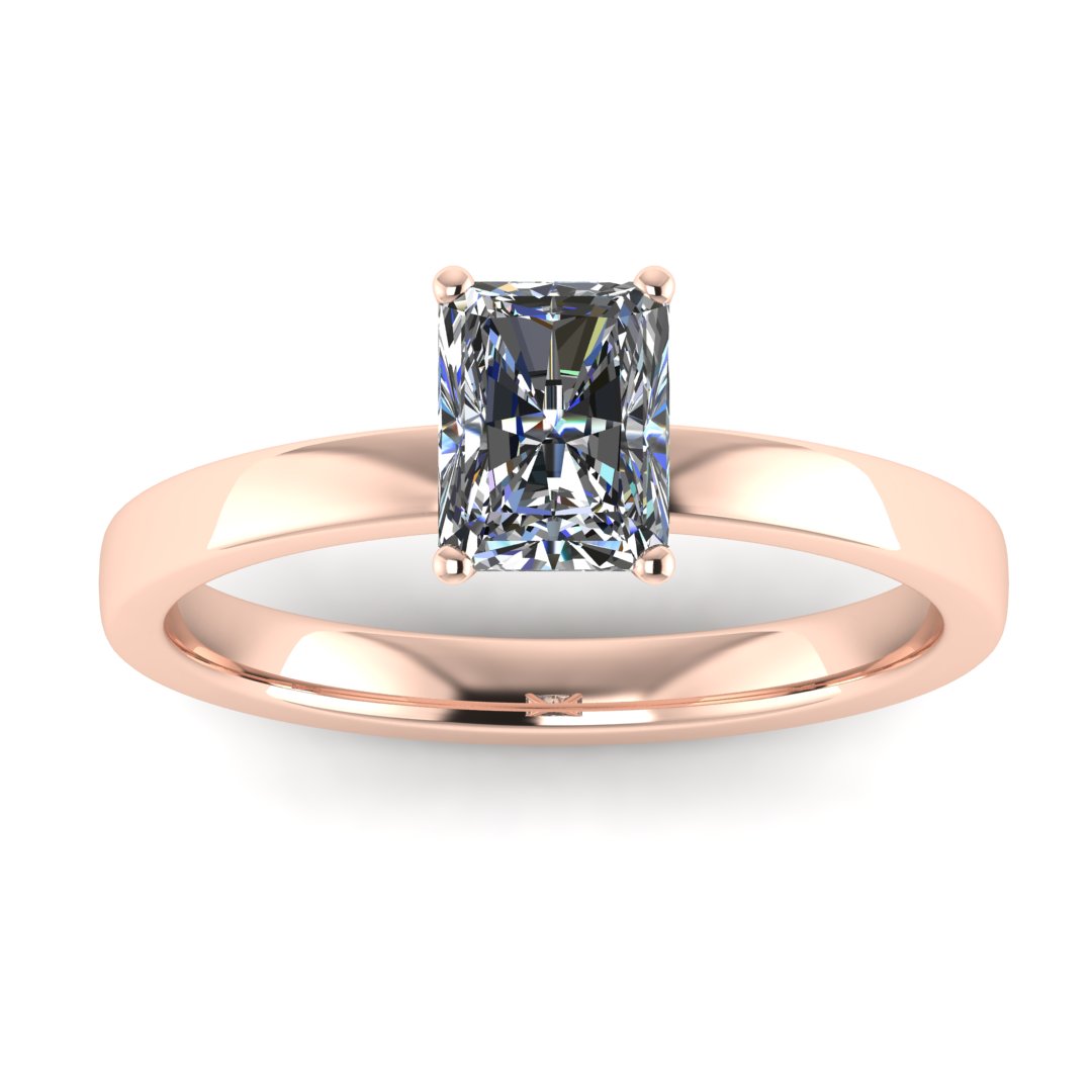 front view of rose gold engagement ring with an emerald cut lab grown diamond as the centre stone in a floating setting