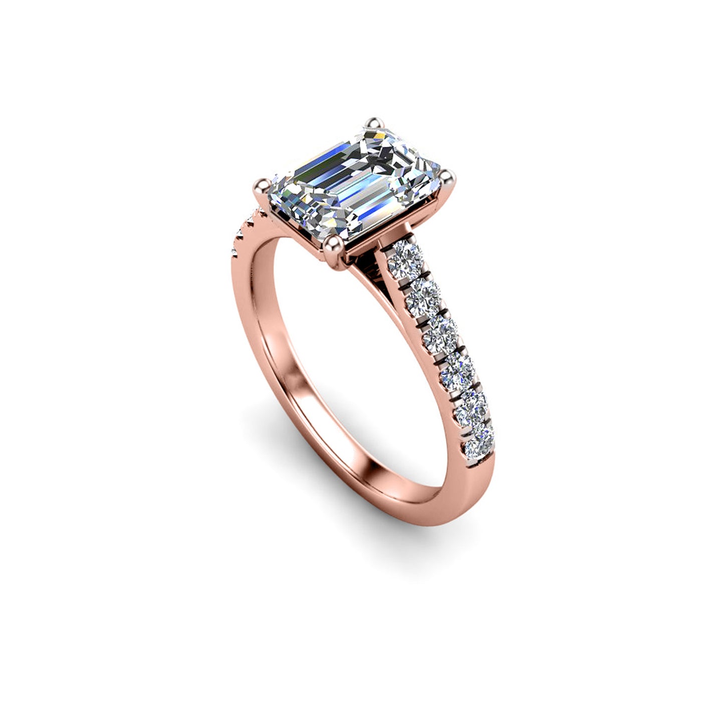 angled view of a rose gold engagement ring with an emerald cut lab-grown diamond as the centre stone with pavé-set diamond shoulders