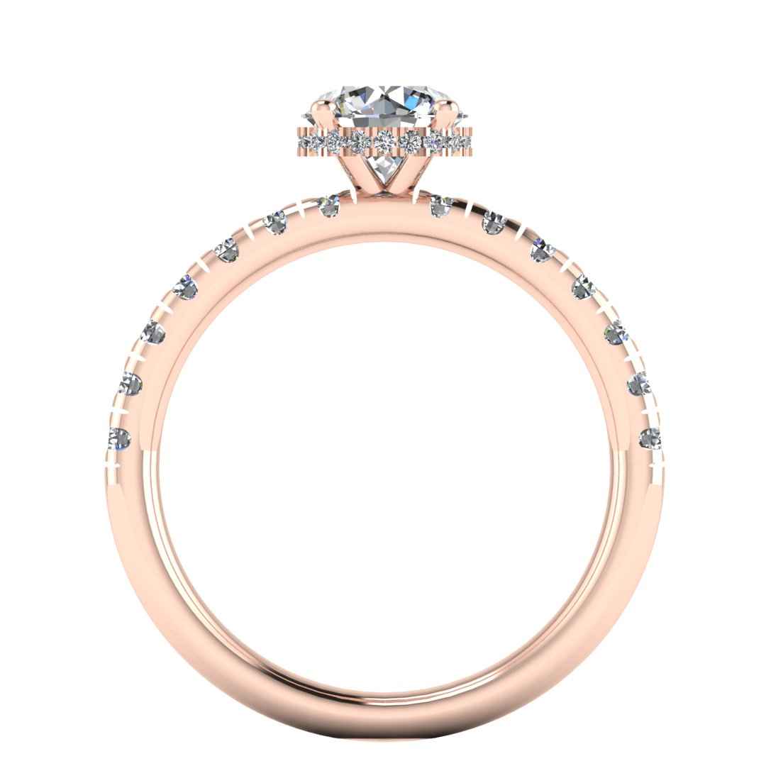 Flat view in rose gold of Emma lab grown engagement ring with round brilliant, side shoulders and under halo