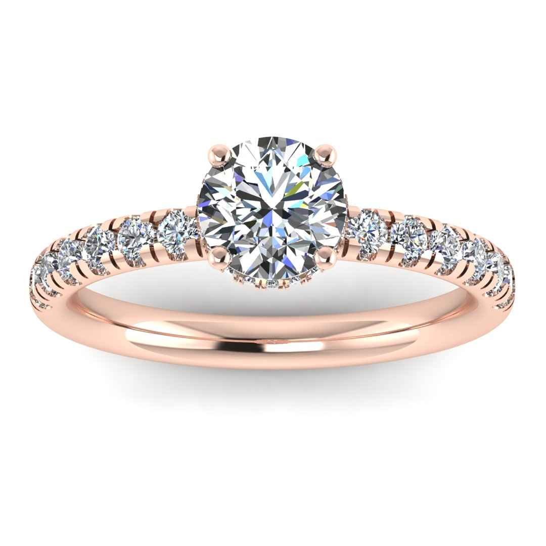 Front view in rose gold of Emma lab grown engagement ring with round brilliant, side shoulders and under halo