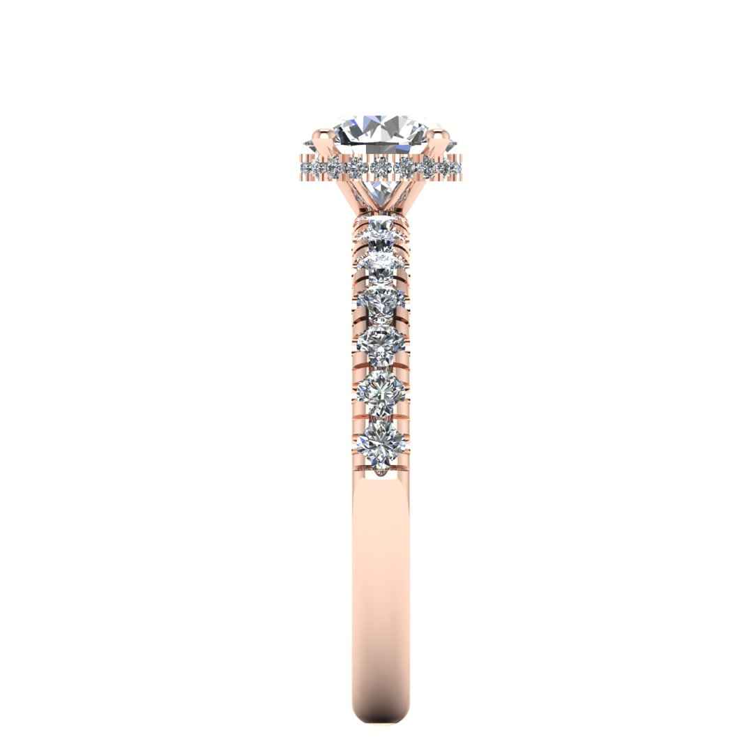 Side view in rose gold of Emma lab grown engagement ring with round brilliant, side shoulders and under halo
