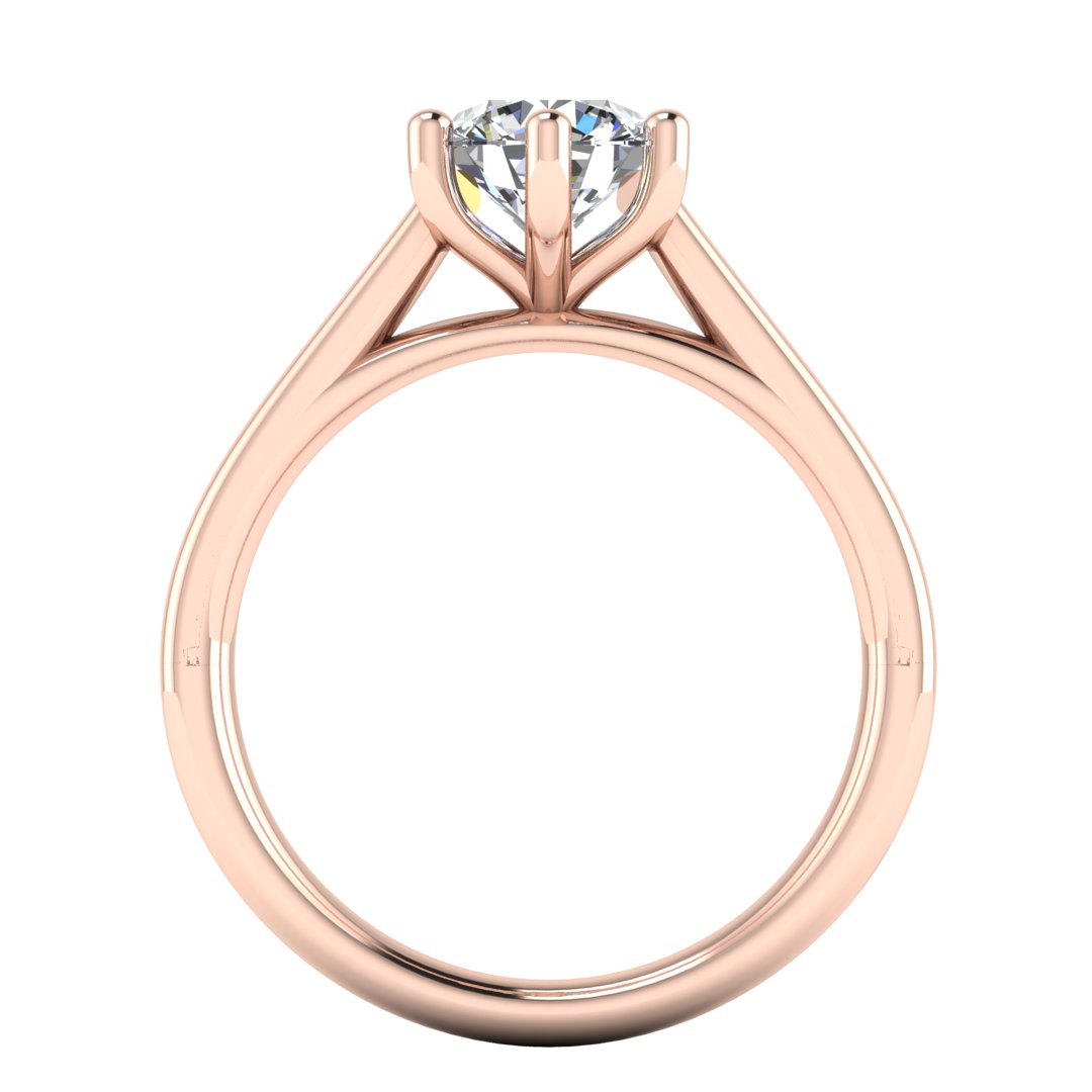 Flat view of Chelsea lab grown round brilliant engagement 6 claw ring in cathedral setting in rose gold