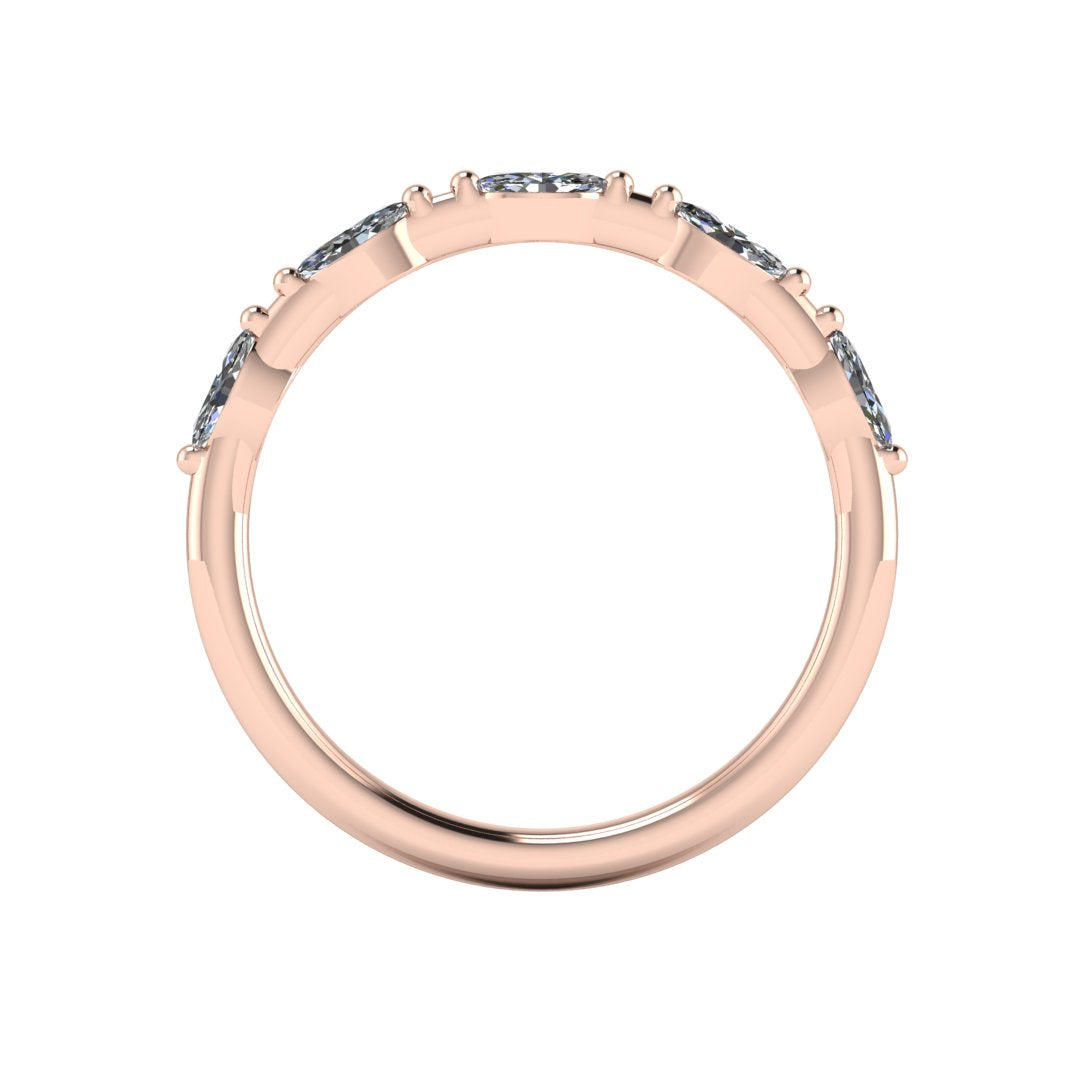 flat view of a rose gold station set wedding band with marquise lab grown diamonds