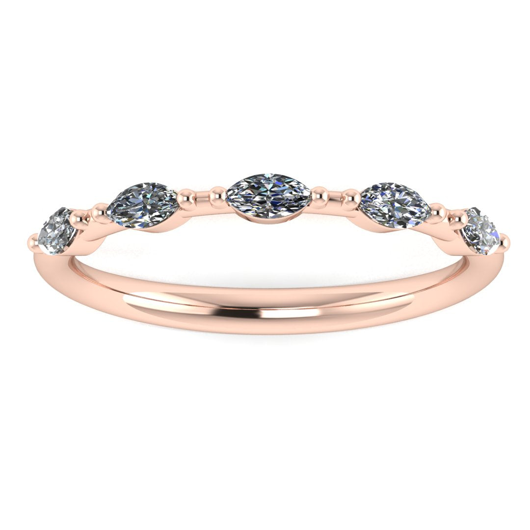 front view of a rose gold station set wedding band with marquise lab grown diamonds