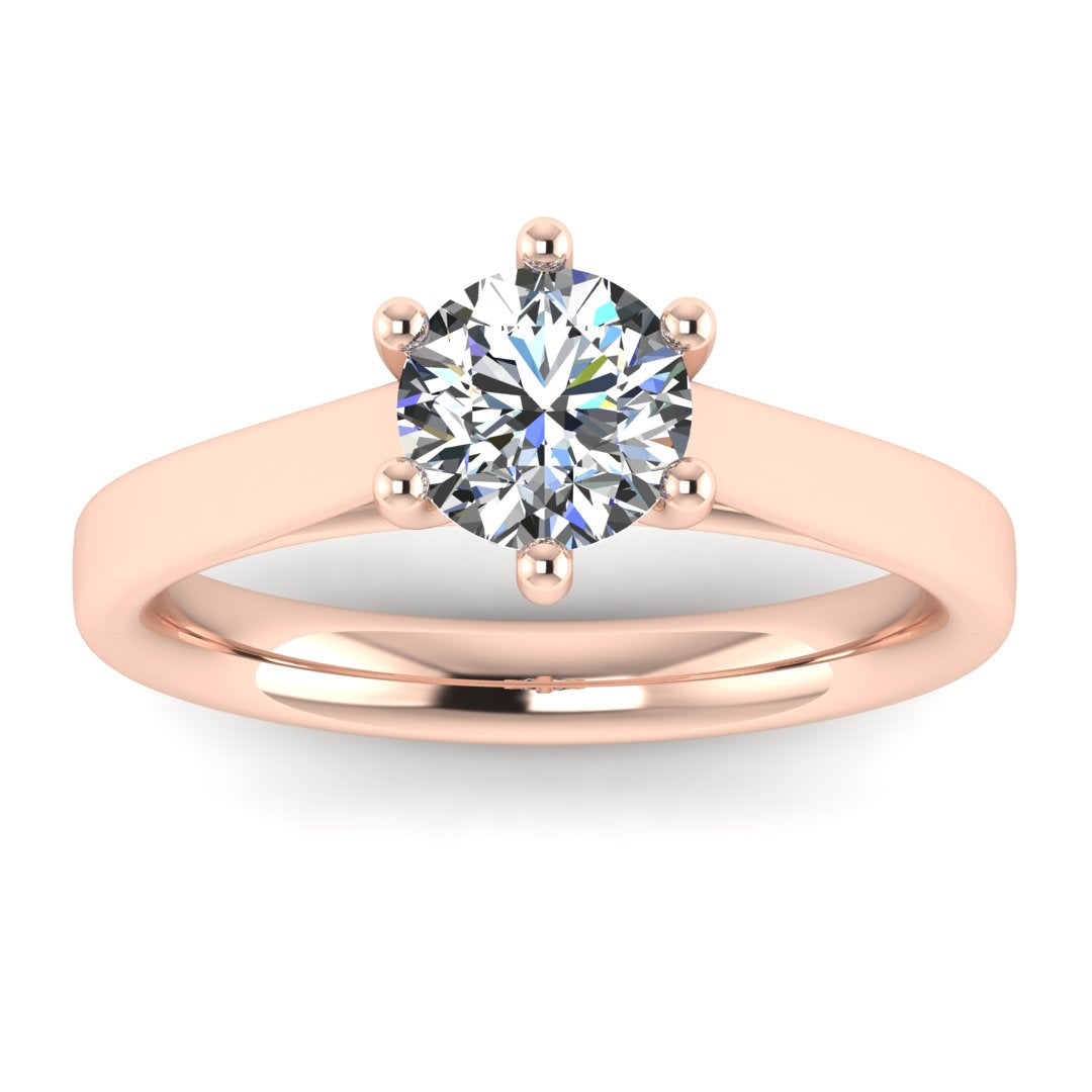 Front view of Chelsea lab grown round brilliant engagement 6 claw ring in cathedral setting in rose gold