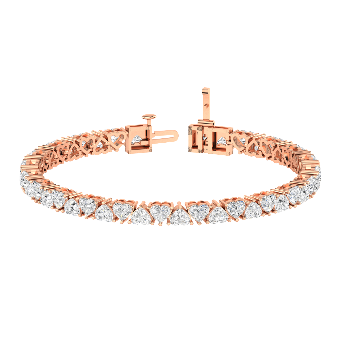 rose gold tennis line bracelet with alternating heart shaped ethical & sustainable lab grown diamonds set using prongs