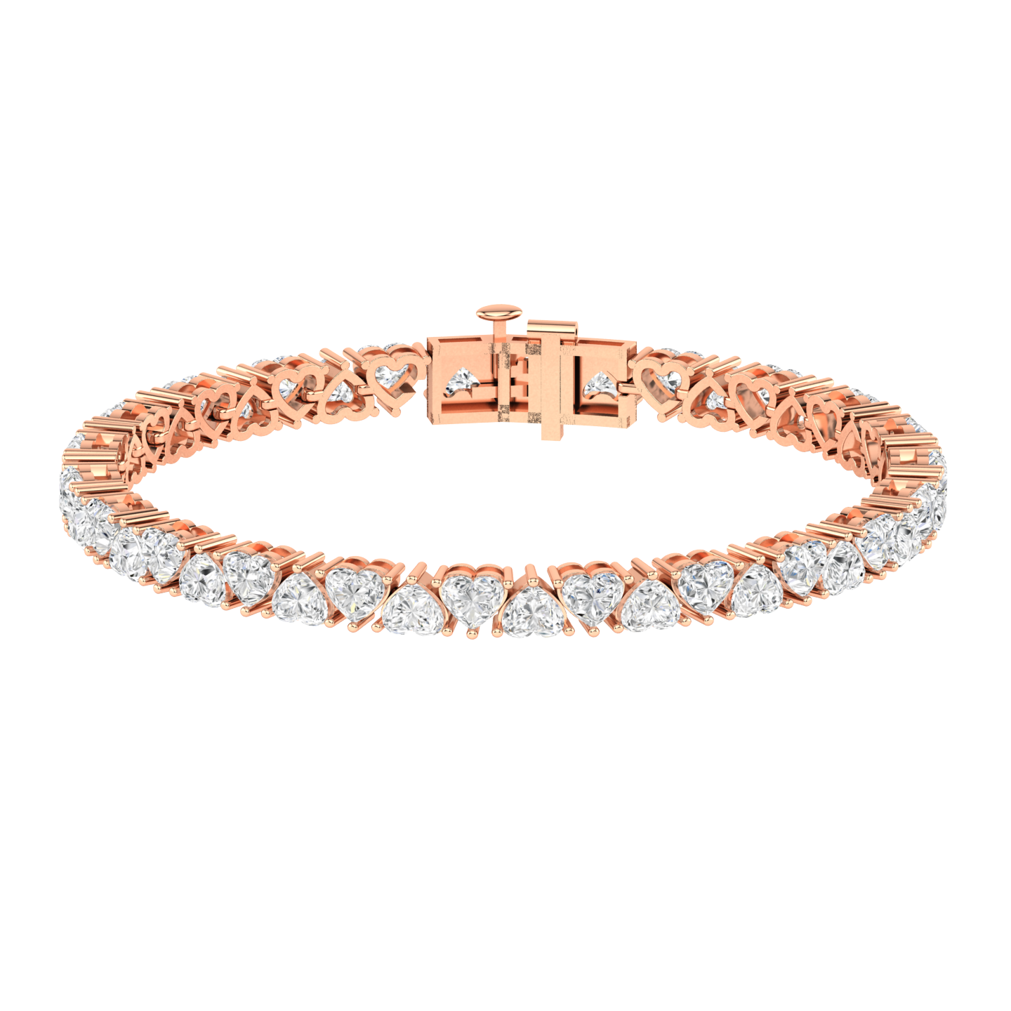rose gold tennis line bracelet with alternating heart shaped ethical & sustainable lab grown diamonds set using prongs