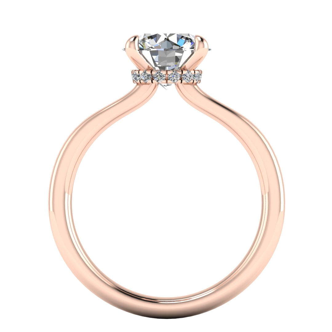 Flat view of Helan round brilliant engagement ring with a secret hidden halo in rose gold