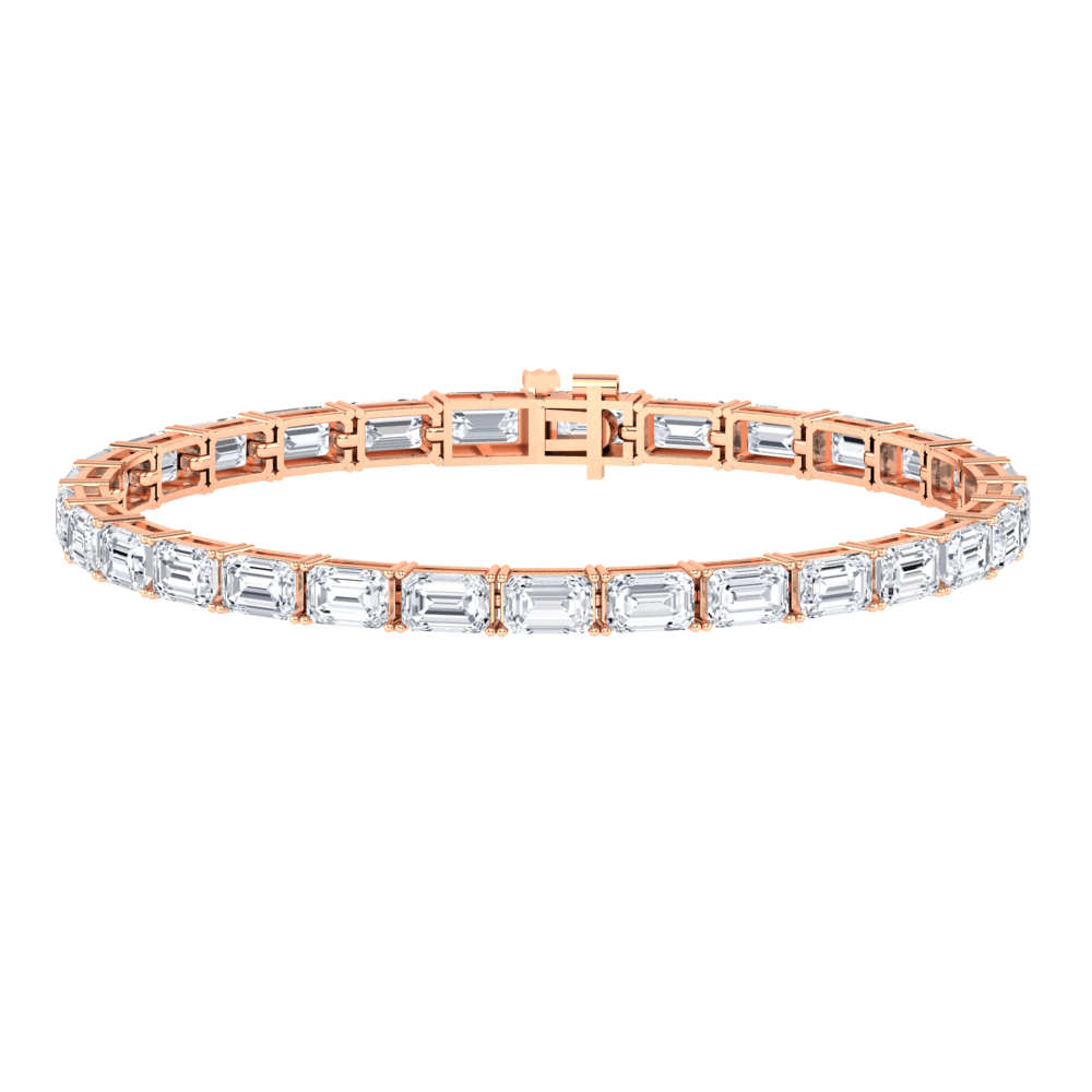 rose gold tennis line bracelet with emerald cut ethical & sustainable lab grown diamonds set vertically using prongs