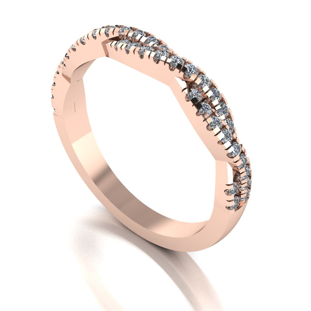 angled view of a twisted double rose gold wedding band with round brilliant lab-grown diamonds