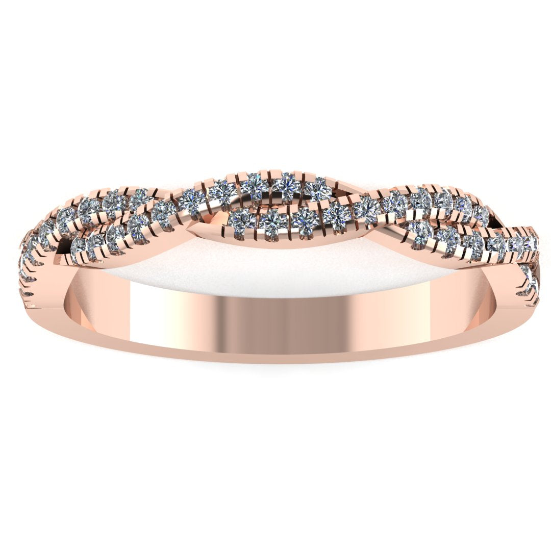 front view of a twisted double rose gold wedding band with round brilliant lab-grown diamonds