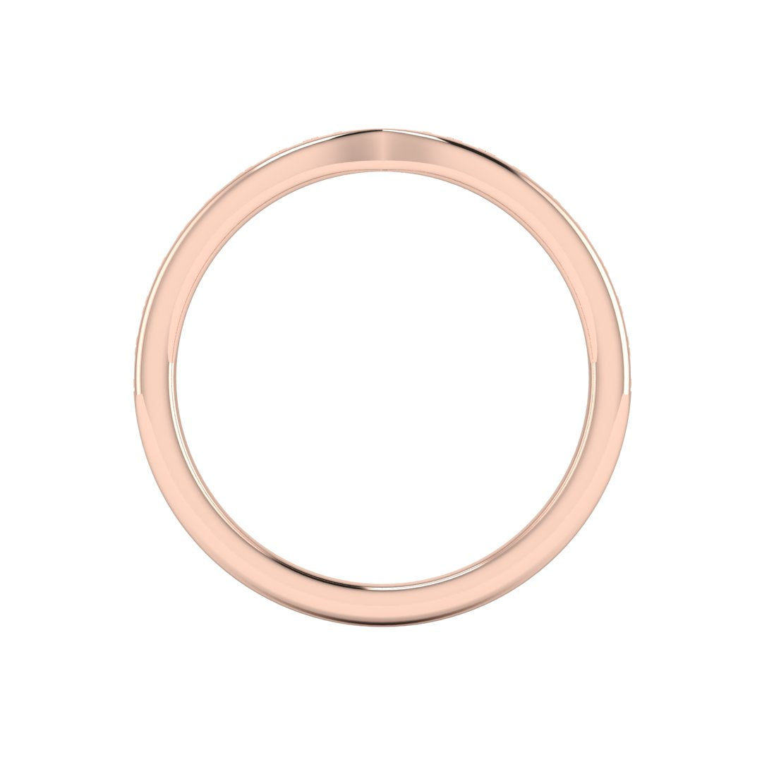 flat view of rose gold tapered wedding band. Round lab-grown diamonds appear in a graduated setting starting from the middle and gradually increasing in size towards the edges
