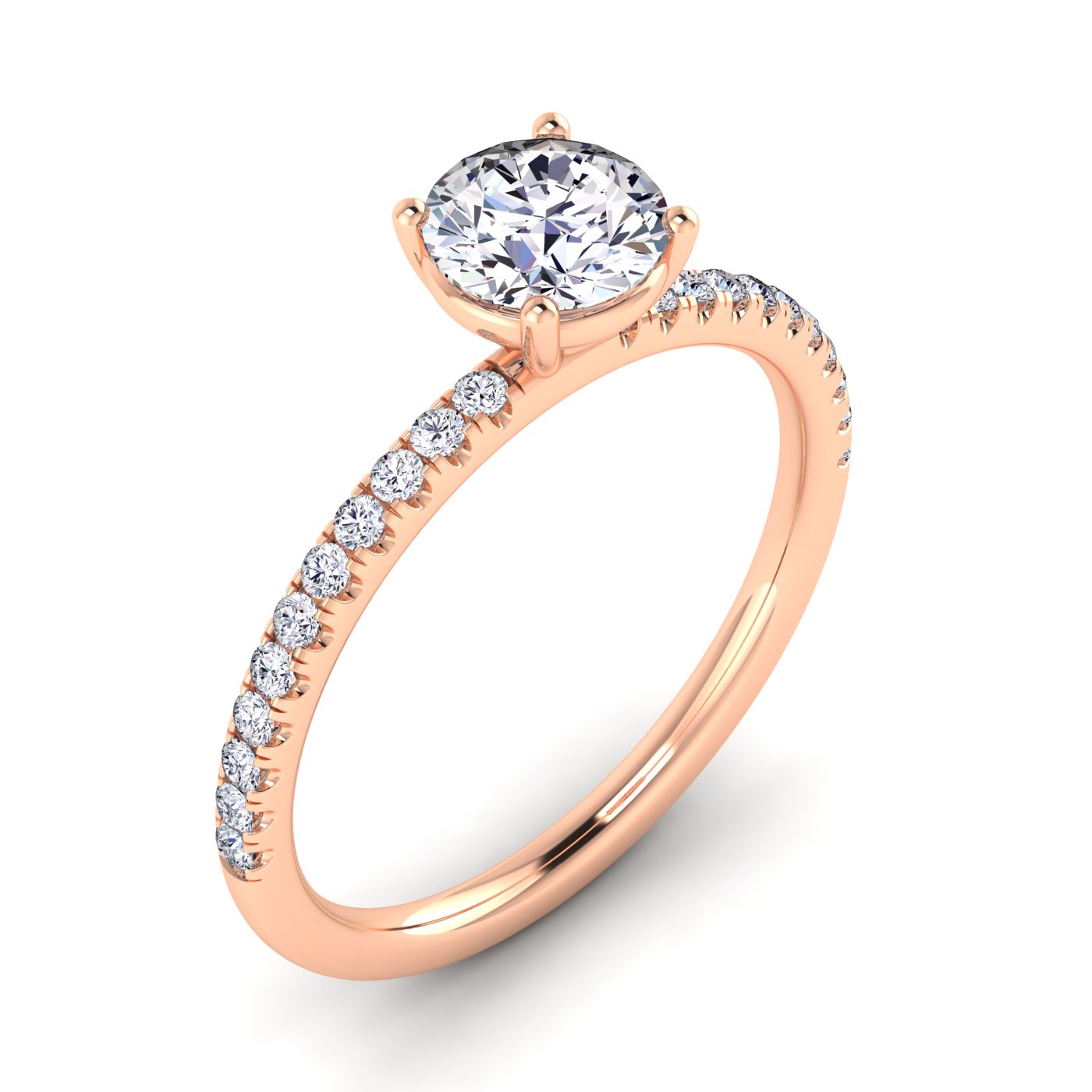 angled view of Isabella engagement with in rose gold with a round brilliant diamond in a floating setting with pavé-set shoulders