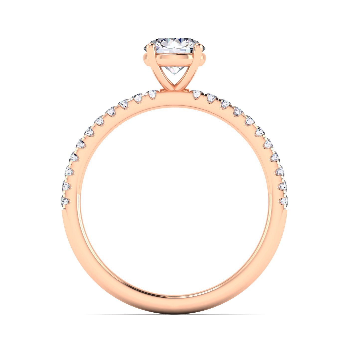 Flat view of Isabella engagement with in rose gold with a round brilliant diamond in a floating setting with pavé-set shoulders