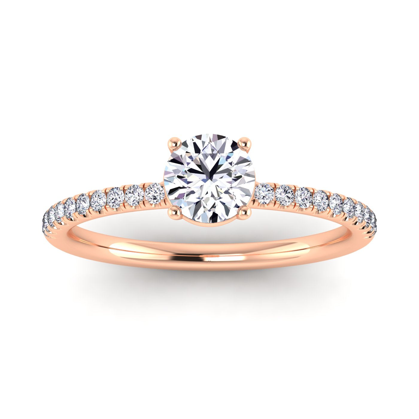 Flat view of Isabella engagement with in rose gold with a round brilliant diamond in a floating setting with pavé-set