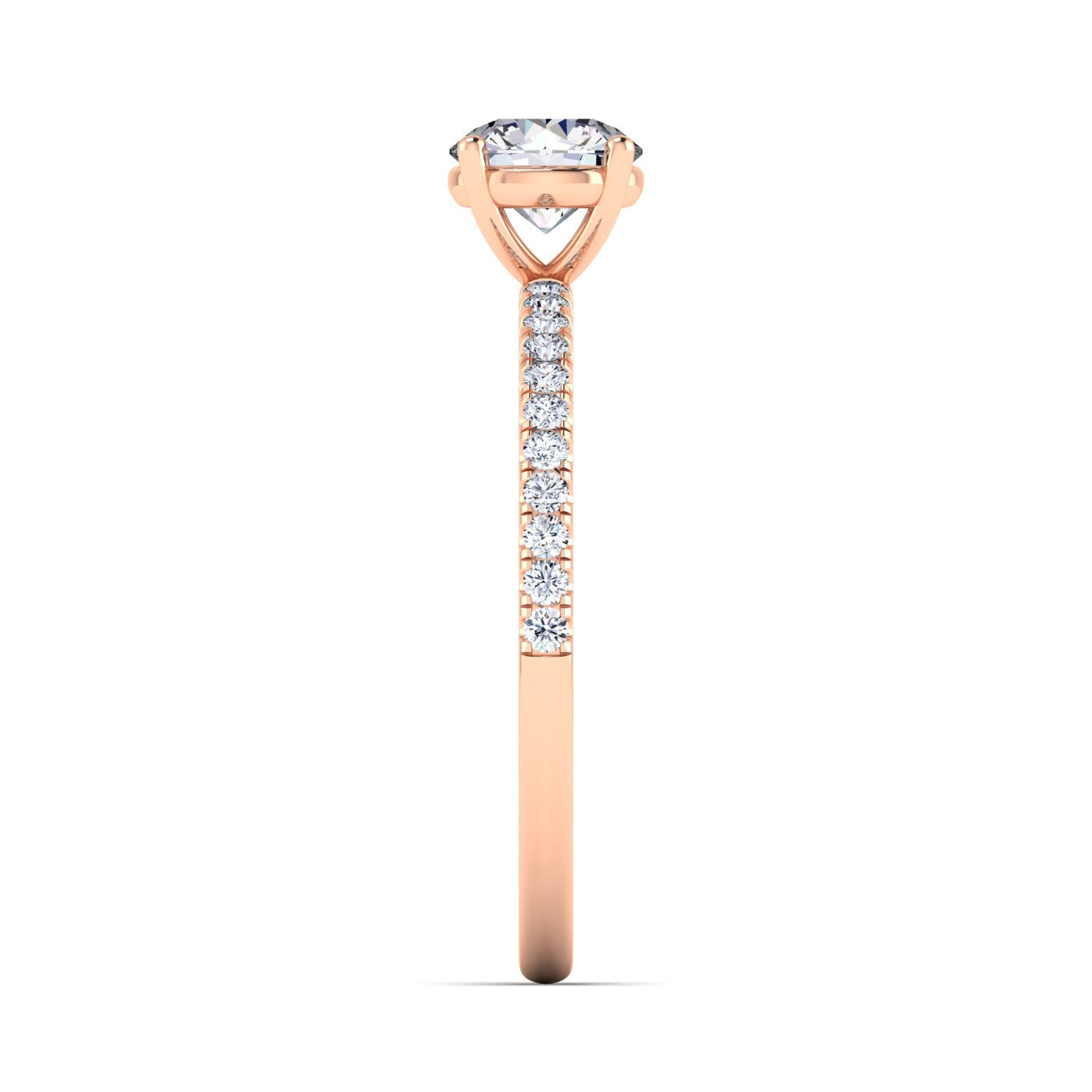 Side view of Isabella engagement with in rose gold with a round brilliant diamond in a floating setting with pavé-set