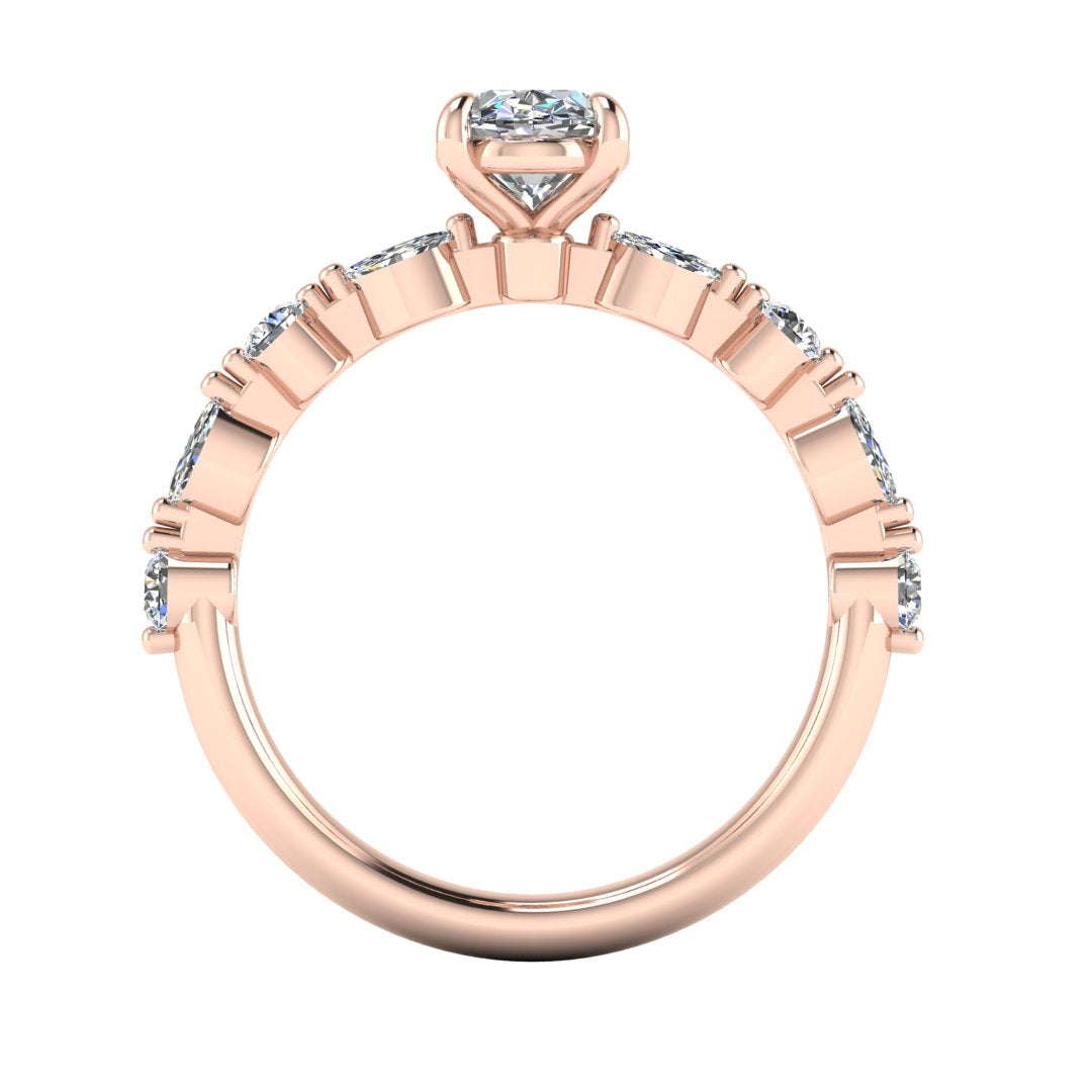 flat view of rose gold of Lily engagement ring with an oval cut centre stone surrounded by alternating smaller round and marquise stones on the shoulder