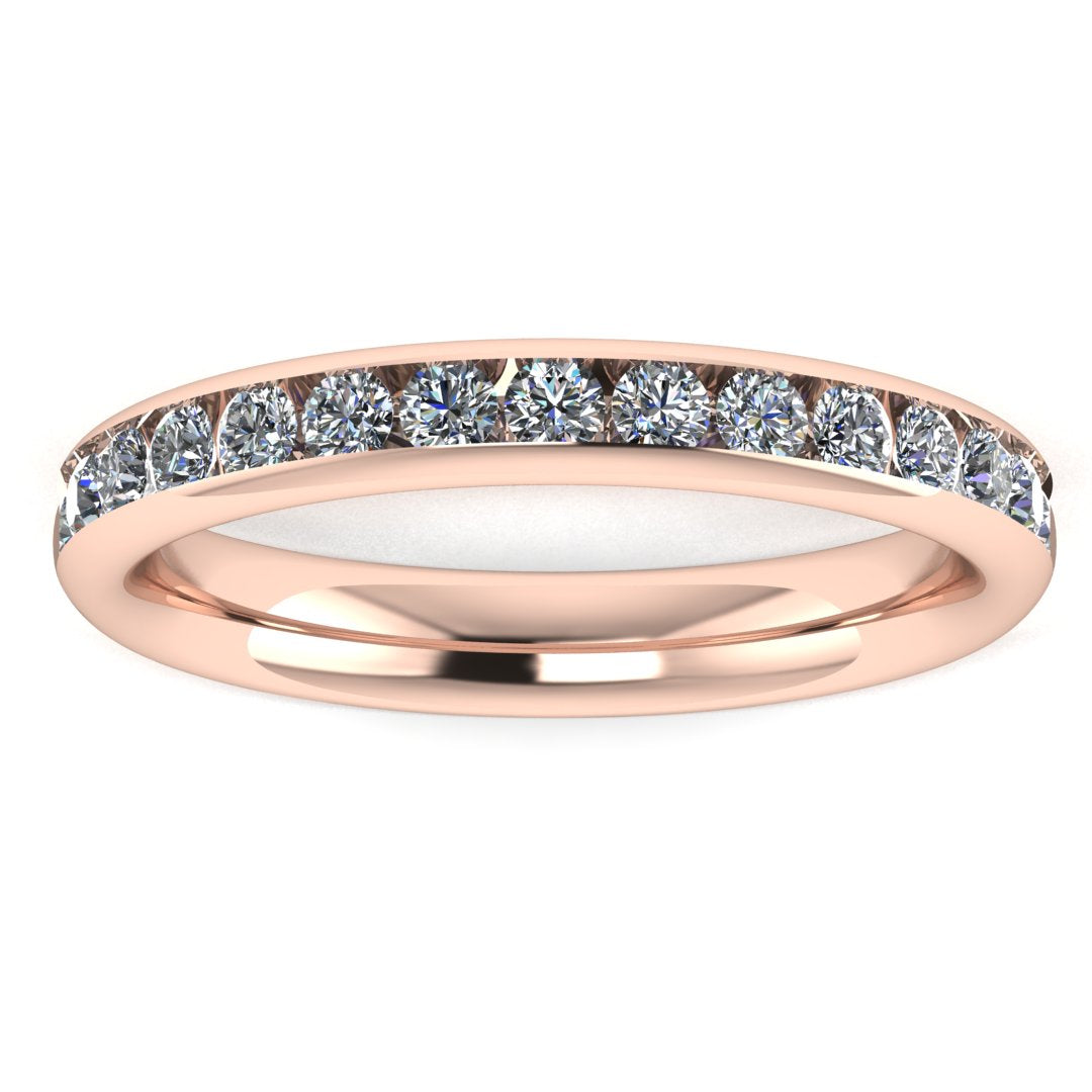 front view of a rose gold eternity ring or wedding band with round brilliant lab grown diamonds in a channel setting
