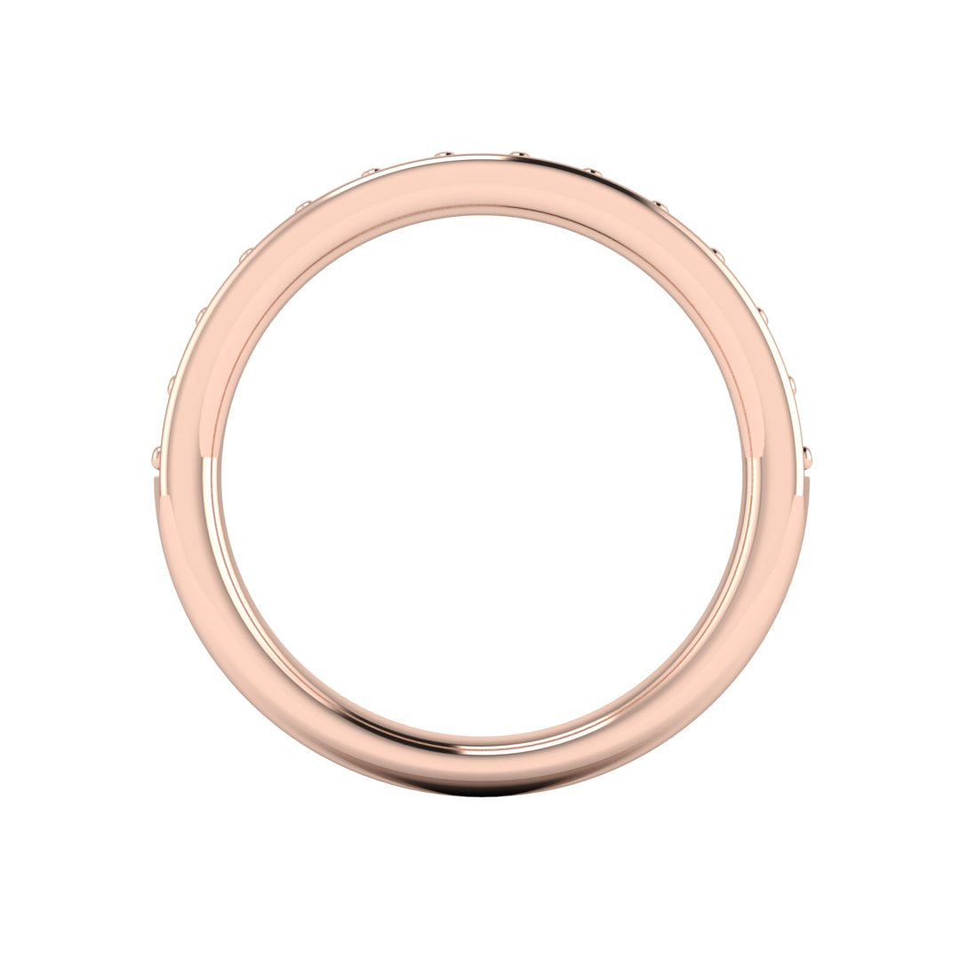 flat view of a rose gold eternity ring or wedding band with round brilliant lab-grown diamonds set in a fine grain setting