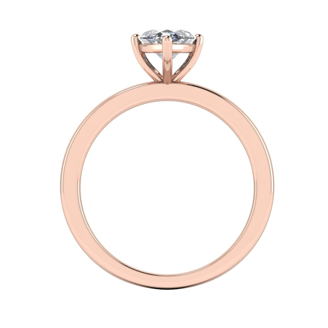flat view of a rose gold lab grown marquise diamond engagement ring. It is a single solitaire ring with a floating setting