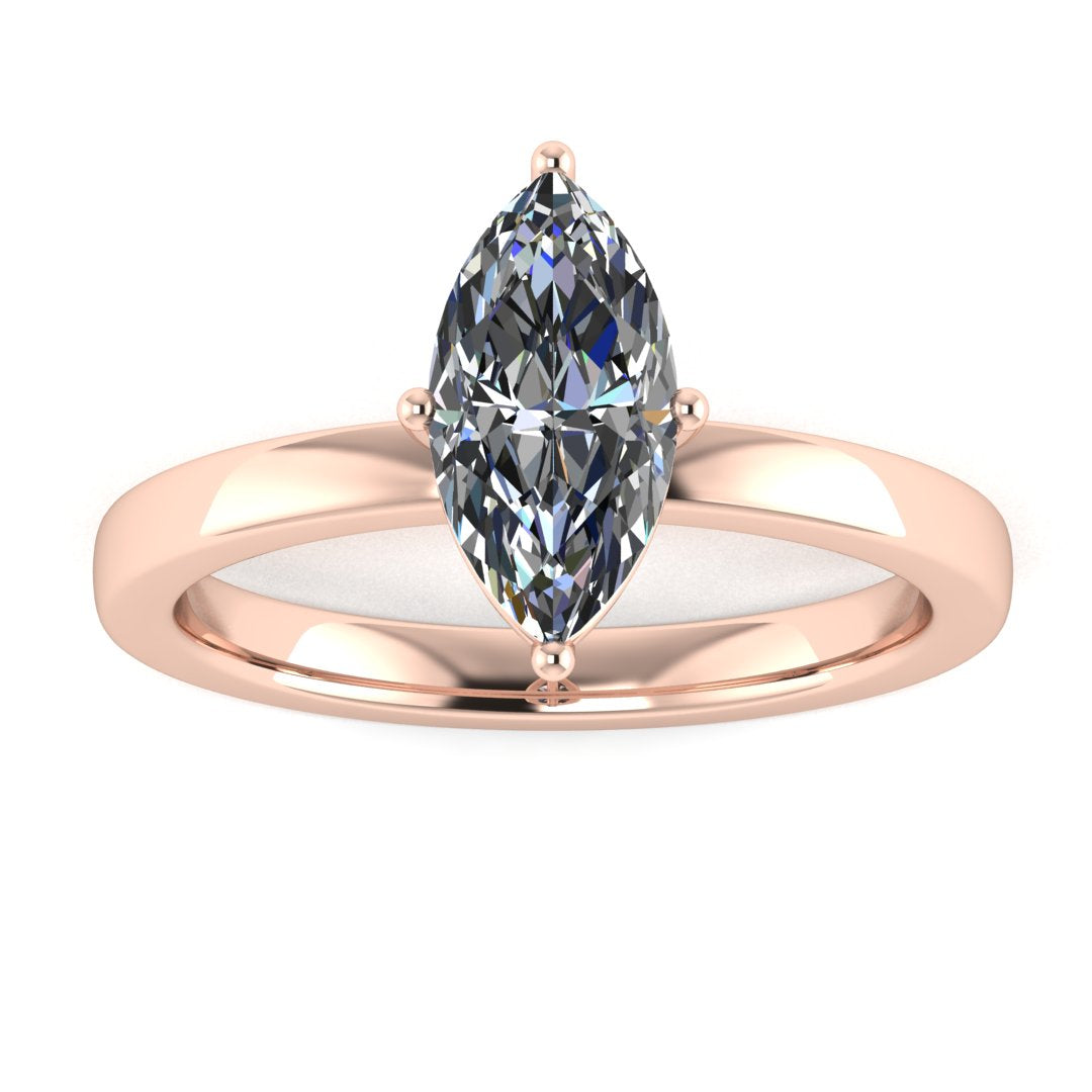 front view of a rose gold lab grown marquise diamond engagement ring. It is a single solitaire ring with a floating setting