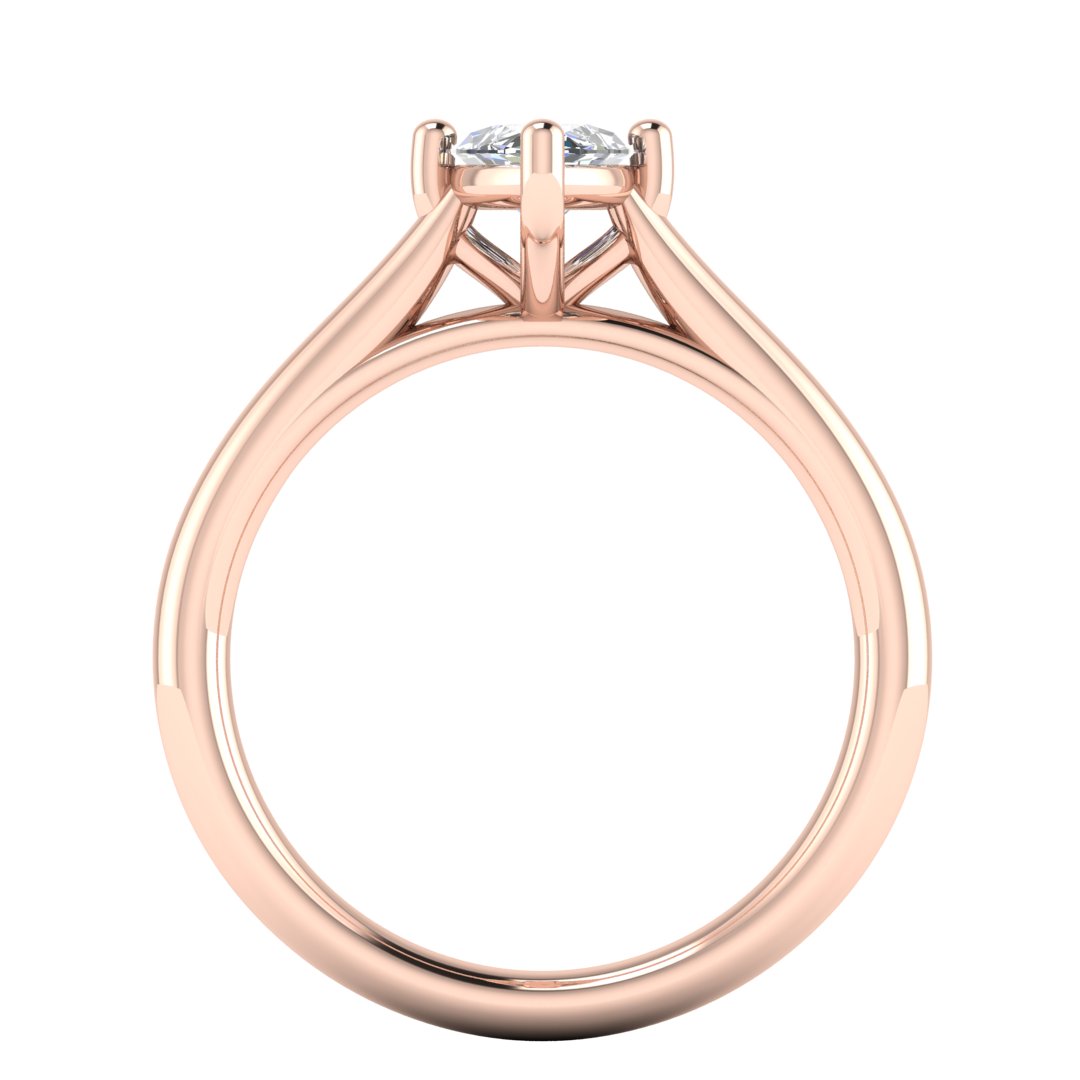 flat view of rose gold single solitaire engagement ring with a marquise cut lab grown ethical and sustainable diamond in a cathedral setting