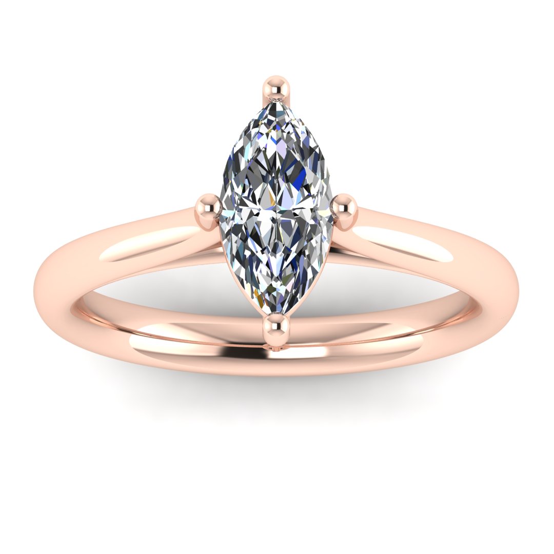 front view of rose gold single solitaire engagement ring with a marquise cut lab grown ethical and sustainable diamond in a cathedral setting