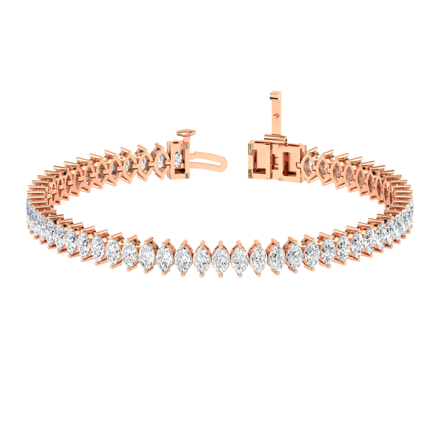 rose gold tennis line bracelet with marquise shaped ethical & sustainable lab grown diamonds set using prongs